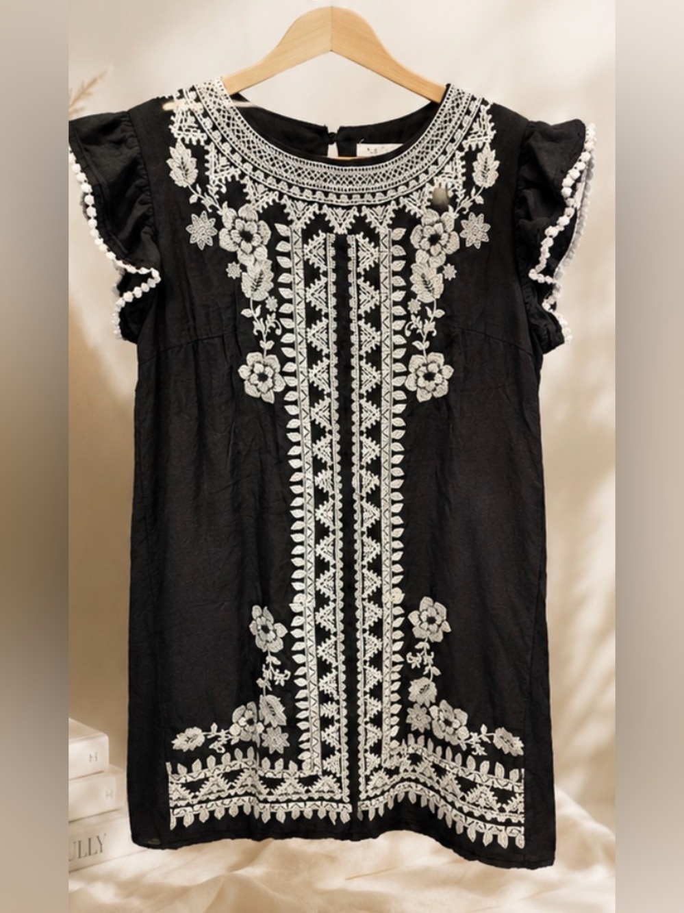 THML Black Tunic with White Floral Embroidery